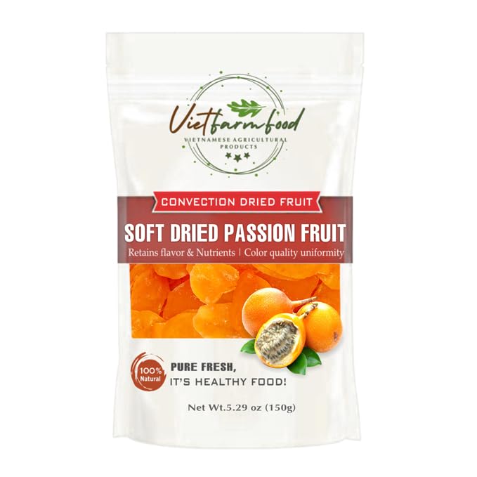 SOFT DRIED PASSION FRUIT 5.29oz (150g) VIETFARMFOOD: Convection dried fruit with a little sugar, salt, natural sweetness, soft when chewed. Suitable for snack, topping, healthy desserts for all ages