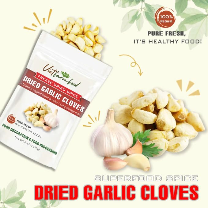 DRIED GARLIC CLOVES 2.47 Oz (70g) VIETFARMFOOD: Freeze-dried spice extract from 100% pure, Convenient Packaging. Long-term Preservation. Used for Processing Cooking, Salad Mixing, Soup, Sauces...