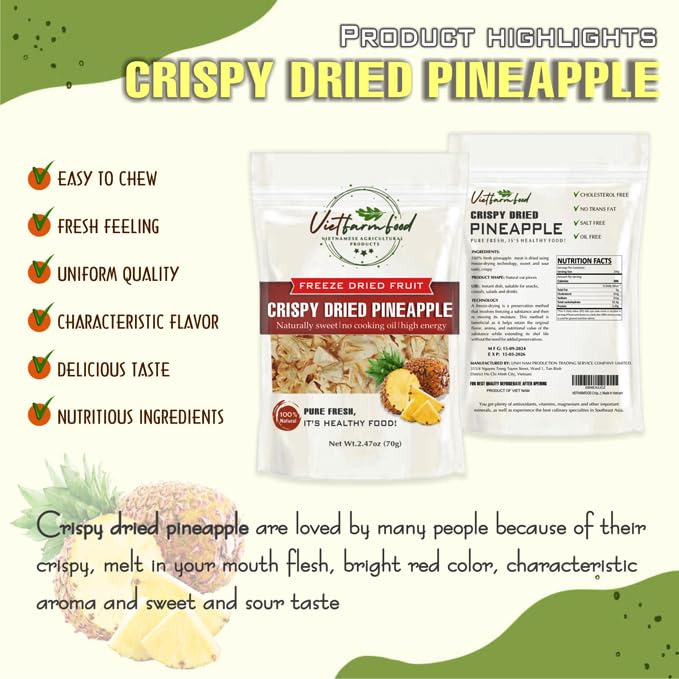 CRISPY DRIED PINEAPPLE 2.47 Oz (70g) VIETFARMFOOD: Freeze-drying Fruit, Instant Food Made From 100% Pure Fresh Fruit, no Sugar Added, no Sulfur, no Salt, no Cooking Oil, Convenient Gift or Snack.
