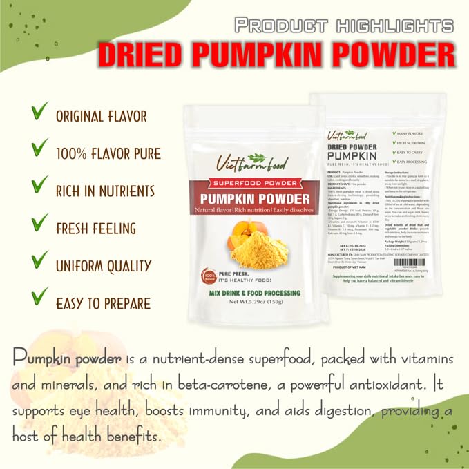 PUMPKIN POWDER 5.29 oz (150g) VIETFARMFOOD: Pure freeze-dried vegetable powder, made from real vegetables with no added sugar - Perfect for daily nutrition to keep your body full of vitality
