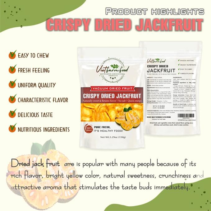 CRISPY DRIED JACKFRUIT 5.29 Oz (150g) VIETFARMFOOD: Vacuum-drying fruit, Instant Food Made From 100% Pure Fresh Fruit, Retains The Flavor, no Added Sugar, no Sulfur. Convenient Gift or Snack