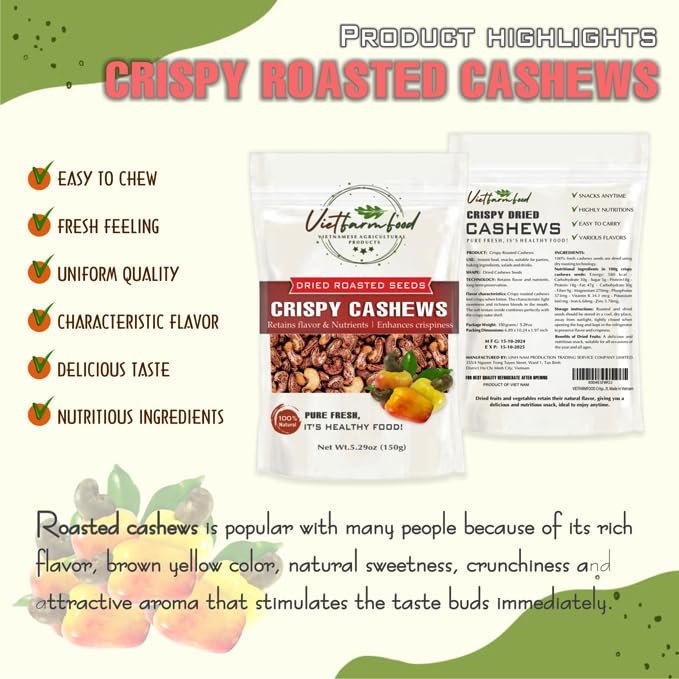 ROASTED CASHEW NUTS 5.29oz (150g) VIETFARMFOOD: Naturally dry roasted. No sugar, no oil, natural sweetness, characteristic fatty taste, crispy. Suitable as a topping, delicious, nutritious snack.
