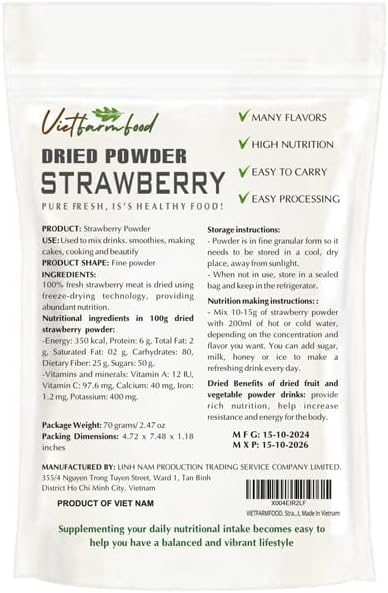 STRAWBERRY POWDER 2.47 oz (70g) VIETFARMFOOD: Pure freeze-dried fruit powder, made from real fruit with no added sugar - Perfect for daily nutrition to keep your body full of vitality.