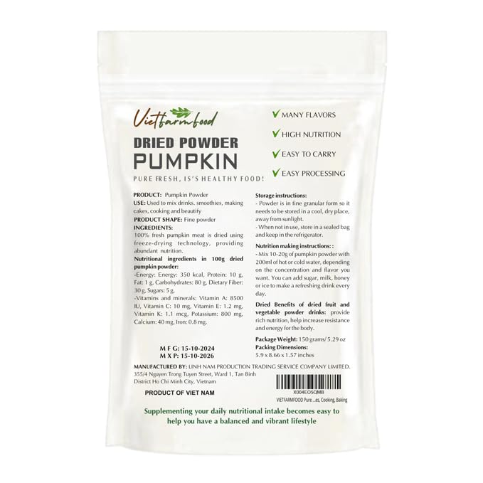 PUMPKIN POWDER 5.29 oz (150g) VIETFARMFOOD: Pure freeze-dried vegetable powder, made from real vegetables with no added sugar - Perfect for daily nutrition to keep your body full of vitality