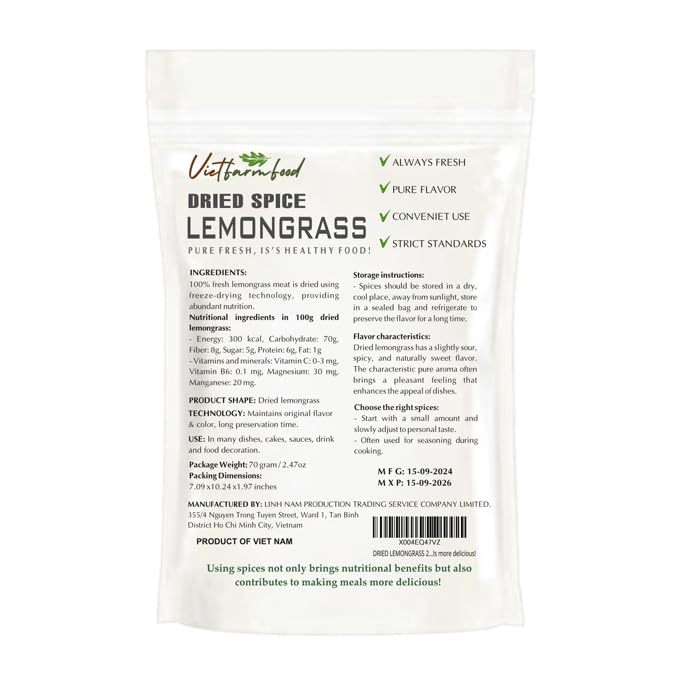 DRIED LEMONGRASS 2.47 Oz (70g) VIETFARMFOOD: Freeze-dried spice extract from 100% pure, Convenient Packaging. Long-term Preservation. Used for Processing Cooking, Baking, Salad Mixing, Soup, Sauces..,