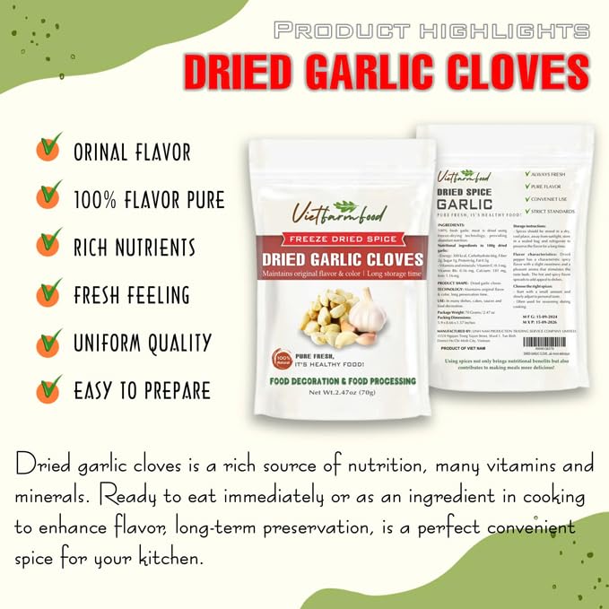 DRIED GARLIC CLOVES 2.47 Oz (70g) VIETFARMFOOD: Freeze-dried spice extract from 100% pure, Convenient Packaging. Long-term Preservation. Used for Processing Cooking, Salad Mixing, Soup, Sauces...