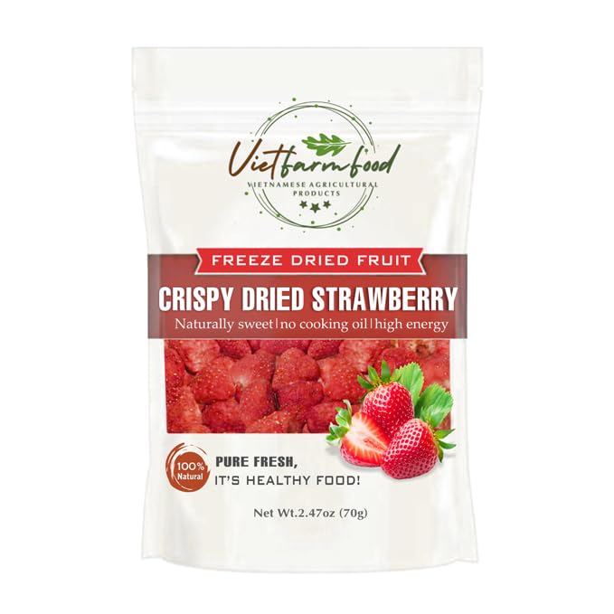 CRISPY DRIED STRAWBERRIES 2.47oz (70g) VIETFARMFOOD: Freeze-dried, No Sugar Added, Naturally Sweet, Rich in natural nutrients, making it a great snack option, Suitable For Snacking Or As A Gift