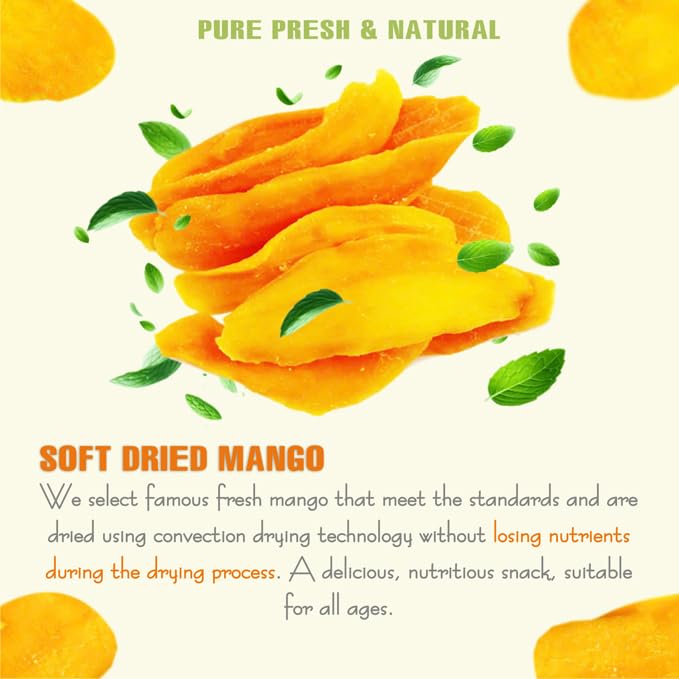 SOFT DRIED MANGO 5.29oz (150g) VIETFARMFOOD: Convection dried fruit with a little sugar, salt, natural sweetness, soft when chewed. Suitable for snack, topping, healthy desserts for all ages