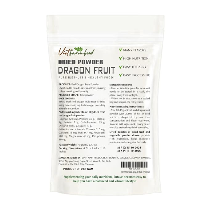 DRAGON FRUIT POWDER 2.47 oz (70g) VIETFARMFOOD: Pure freeze-dried fruit powder, made from real fruit with no added sugar - Perfect for daily nutrition to keep your body full of vitality.