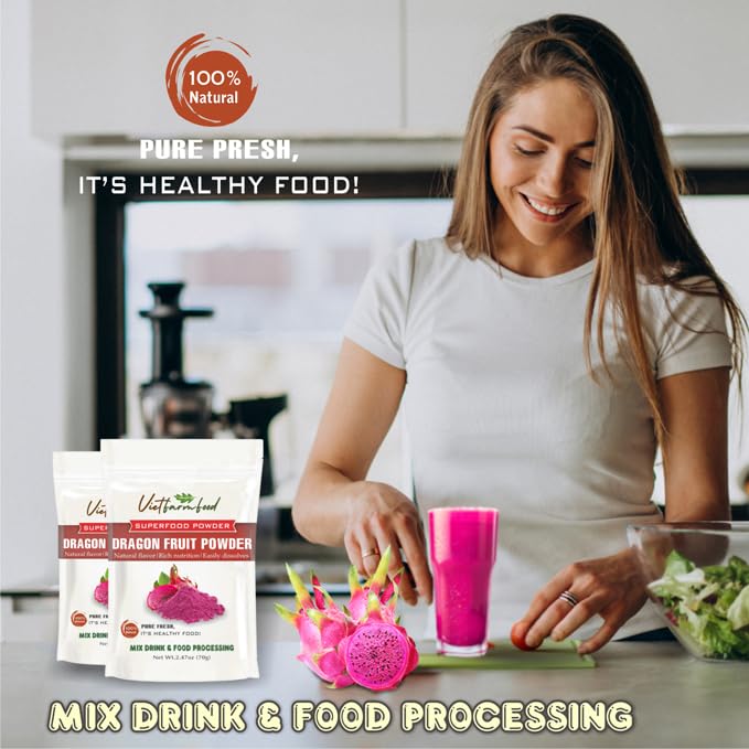 DRAGON FRUIT POWDER 2.47 oz (70g) VIETFARMFOOD: Pure freeze-dried fruit powder, made from real fruit with no added sugar - Perfect for daily nutrition to keep your body full of vitality.
