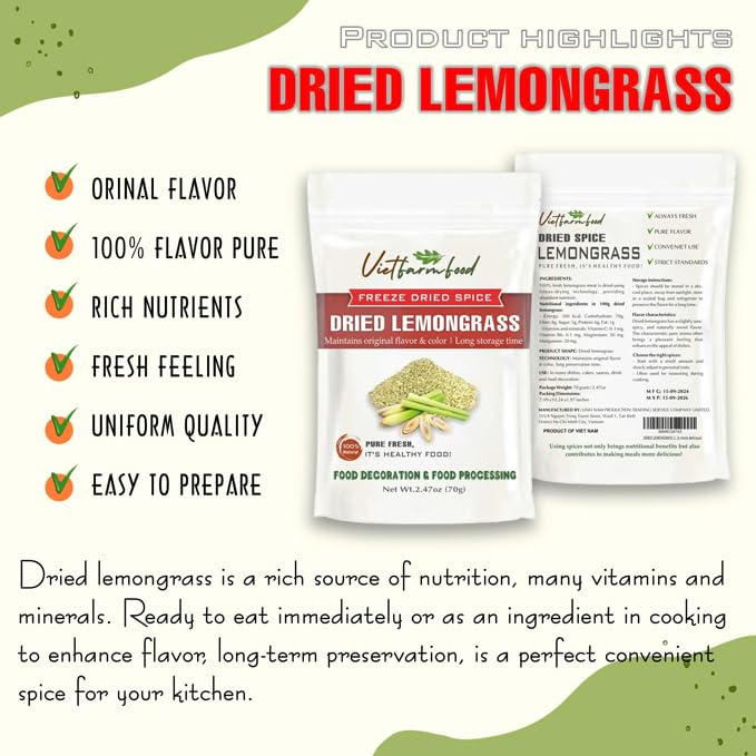 DRIED LEMONGRASS 2.47 Oz (70g) VIETFARMFOOD: Freeze-dried spice extract from 100% pure, Convenient Packaging. Long-term Preservation. Used for Processing Cooking, Baking, Salad Mixing, Soup, Sauces..,