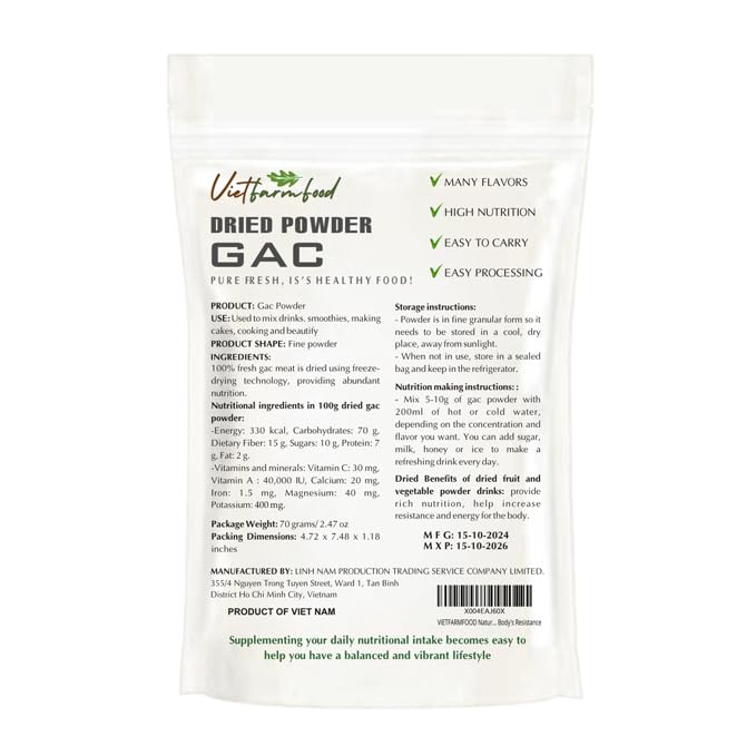 GAC POWDER 2.47 oz (70g) VIETFARMFOOD: Pure freeze-dried vegetable powder, made from real vegetables with no added sugar - Perfect for daily nutrition to keep your body full of vitality