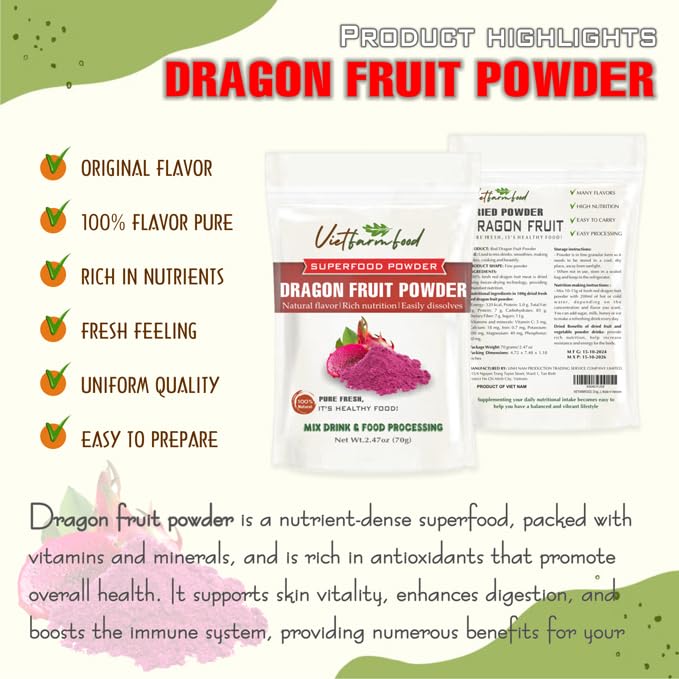 DRAGON FRUIT POWDER 2.47 oz (70g) VIETFARMFOOD: Pure freeze-dried fruit powder, made from real fruit with no added sugar - Perfect for daily nutrition to keep your body full of vitality.