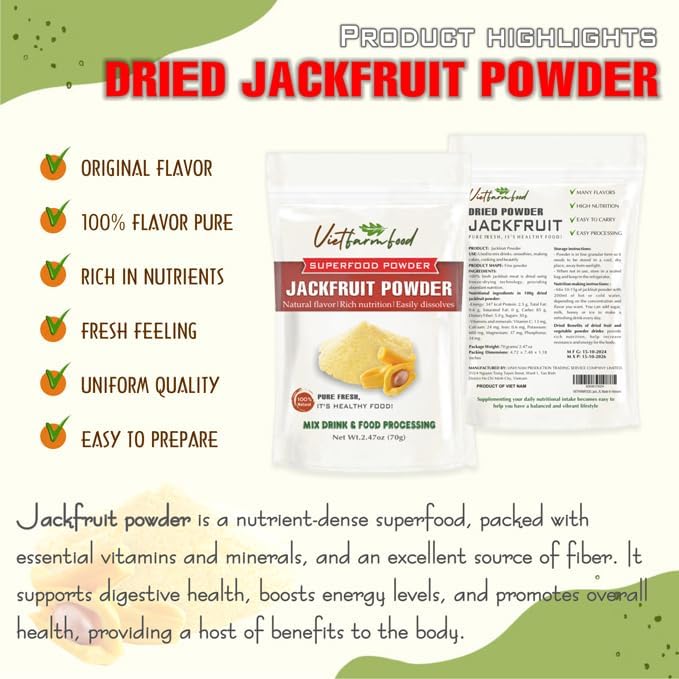 JACKFRUIT POWDER 2.47 oz (70g) VIETFARMFOOD: Pure freeze-dried fruit powder, made from real fruit with no added sugar - Perfect for daily nutrition to keep your body full of vitality.