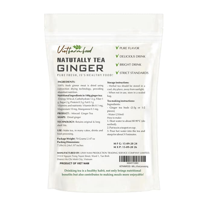 MINCED GINGER TEA 2.47 Oz (70g) VIETFARMFOOD:Natural pure dried herbs are used for making drinks and cooking ingredients. Drinking tea is a healthy habit that makes meals delicious and relaxing