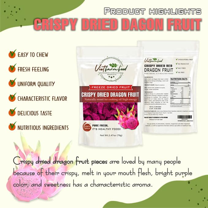 CRISPY DRIED RED DRAGON 2.47 Oz (70g) VIETFARMFOOD: Freeze-drying Fruit, Instant Food Made From 100% Pure Fresh Fruit, no Sugar Added, no Sulfur, no Salt, no Cooking Oil, Convenient Gift or Snack.