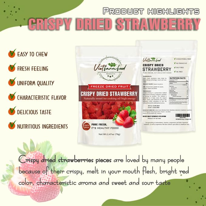 CRISPY DRIED STRAWBERRIES 2.47oz (70g) VIETFARMFOOD: Freeze-dried, No Sugar Added, Naturally Sweet, Rich in natural nutrients, making it a great snack option, Suitable For Snacking Or As A Gift