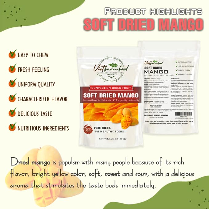 SOFT DRIED MANGO 5.29oz (150g) VIETFARMFOOD: Convection dried fruit with a little sugar, salt, natural sweetness, soft when chewed. Suitable for snack, topping, healthy desserts for all ages