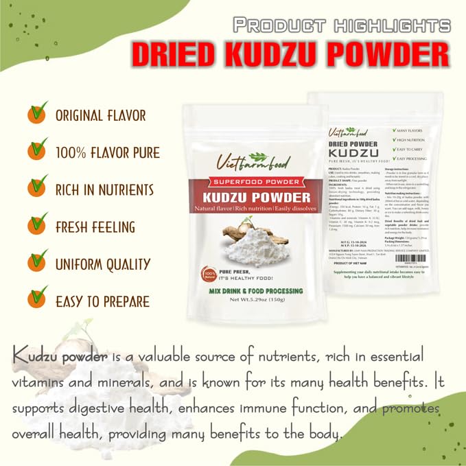 VIETFARMFOOD - KUDZU POWDER 5.29 oz (150g) VIETFARMFOOD: Pure freeze-dried vegetable powder, made from real vegetables with no added sugar - Perfect for daily nutrition to keep your body of vitality
