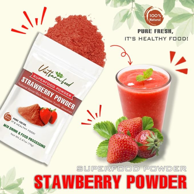 STRAWBERRY POWDER 2.47 oz (70g) VIETFARMFOOD: Pure freeze-dried fruit powder, made from real fruit with no added sugar - Perfect for daily nutrition to keep your body full of vitality.