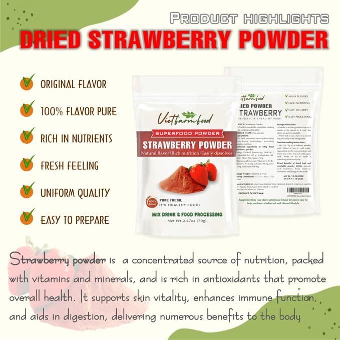 STRAWBERRY POWDER 2.47 oz (70g) VIETFARMFOOD: Pure freeze-dried fruit powder, made from real fruit with no added sugar - Perfect for daily nutrition to keep your body full of vitality.