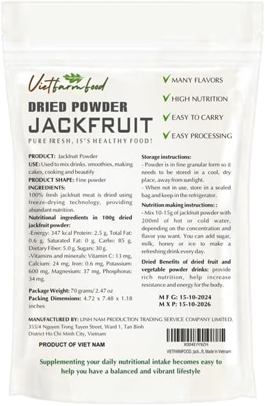JACKFRUIT POWDER 2.47 oz (70g) VIETFARMFOOD: Pure freeze-dried fruit powder, made from real fruit with no added sugar - Perfect for daily nutrition to keep your body full of vitality.