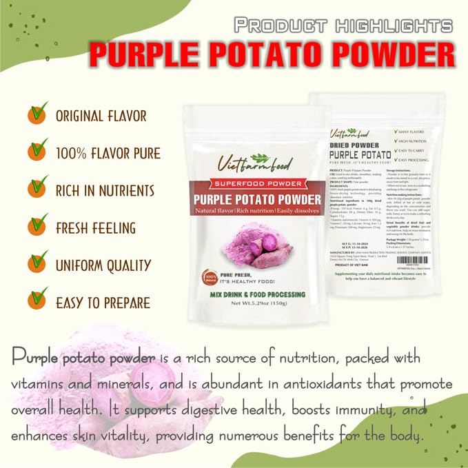PURPLE POTATO POWDER 5.29 oz (150g) VIETFARMFOOD: Pure freeze-dried vegetable powder, made from real vegetables with no added sugar - Perfect for daily nutrition to keep your body full of vitality
