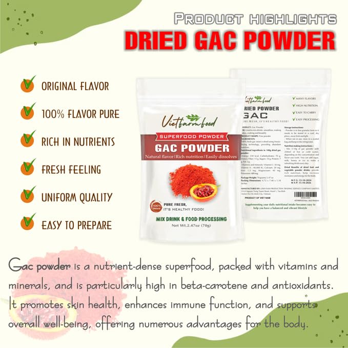 GAC POWDER 2.47 oz (70g) VIETFARMFOOD: Pure freeze-dried vegetable powder, made from real vegetables with no added sugar - Perfect for daily nutrition to keep your body full of vitality