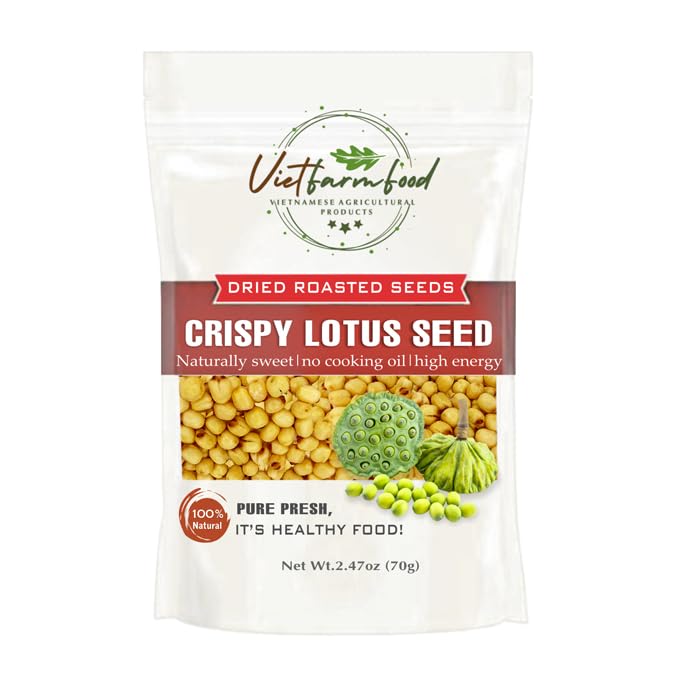 CRISPY LOTUS SEEDS 5.29oz (150g) VIETFARMFOOD: Lightly fried in oil. No sugar, natural sweetness, characteristic fatty taste, crispy. Suitable as a topping, or as a delicious, nutritious snack.