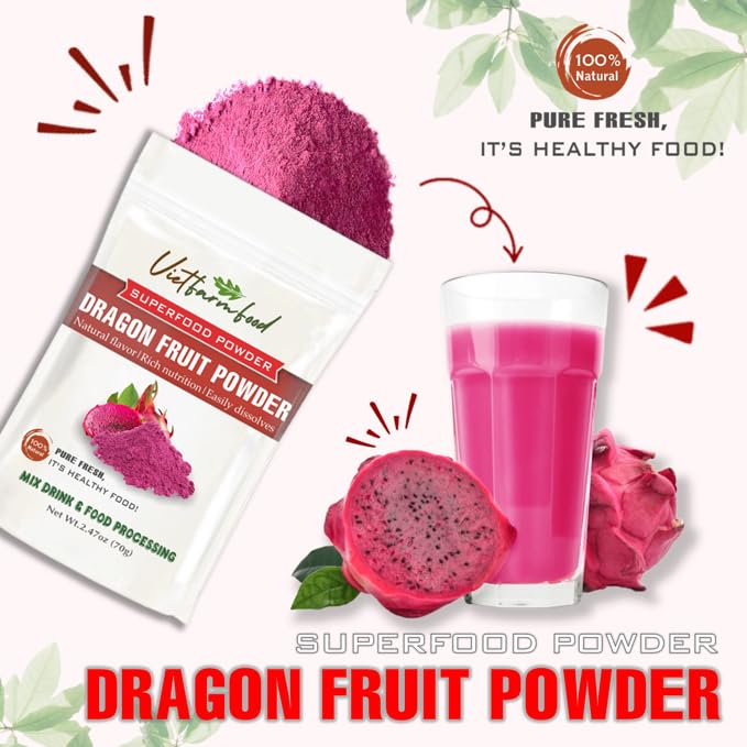 DRAGON FRUIT POWDER 2.47 oz (70g) VIETFARMFOOD: Pure freeze-dried fruit powder, made from real fruit with no added sugar - Perfect for daily nutrition to keep your body full of vitality.