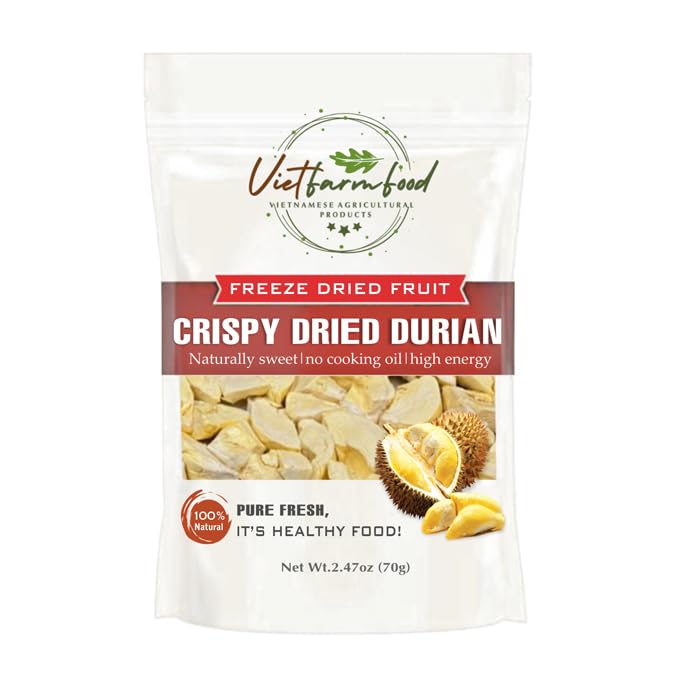 CRISPY DRIED DURIAN 2.47 Oz (70g) VIETFARMFOOD: Freeze-drying Fruit Pieces, Instant Food Made From 100% Pure Fresh Fruit, no Sugar Added, no Sulfur, no Salt, no Cooking Oil, Convenient Gift or Snack.