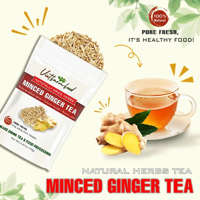 MINCED GINGER TEA 2.47 Oz (70g) VIETFARMFOOD:Natural pure dried herbs are used for making drinks and cooking ingredients. Drinking tea is a healthy habit that makes meals delicious and relaxing