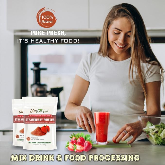 STRAWBERRY POWDER 2.47 oz (70g) VIETFARMFOOD: Pure freeze-dried fruit powder, made from real fruit with no added sugar - Perfect for daily nutrition to keep your body full of vitality.