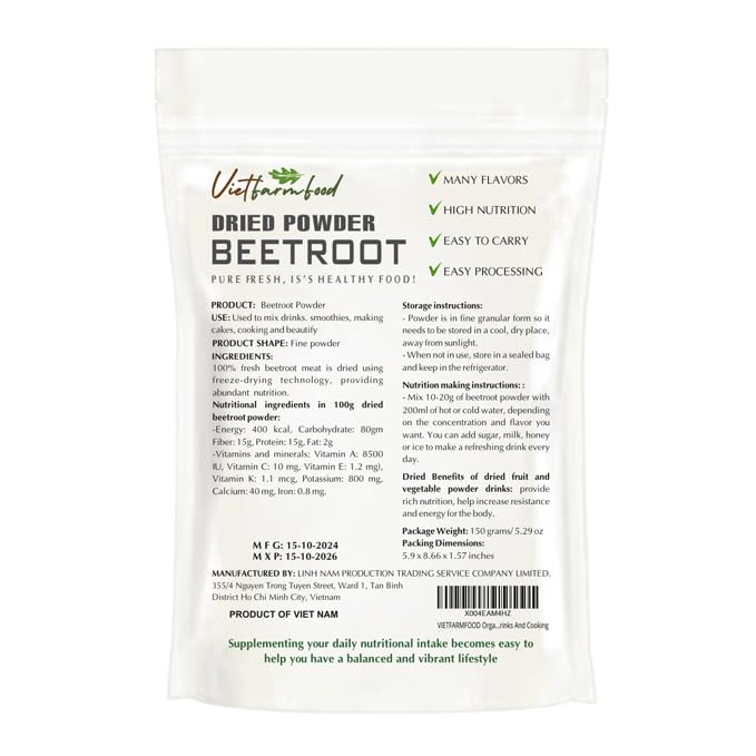 BEETROOT POWDER 5.29 oz (150g) VIETFARMFOOD: Pure freeze-dried vegetable powder, made from real vegetables with no added sugar - Perfect for daily nutrition to keep your body full of vitality
