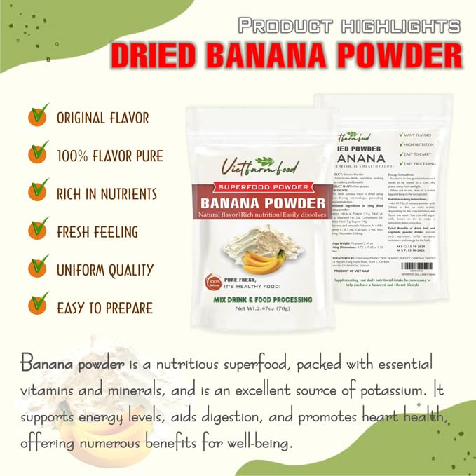 BANANA POWDER 2.47 oz (70g) VIETFARMFOOD: Pure freeze-dried fruit powder, made from real fruit with no added sugar - Perfect for daily nutrition to keep your body full of vitality.