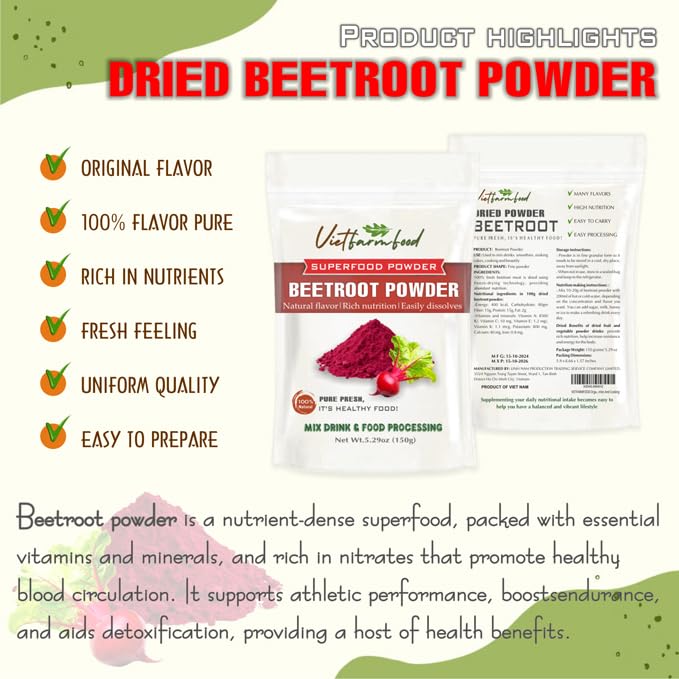 BEETROOT POWDER 5.29 oz (150g) VIETFARMFOOD: Pure freeze-dried vegetable powder, made from real vegetables with no added sugar - Perfect for daily nutrition to keep your body full of vitality