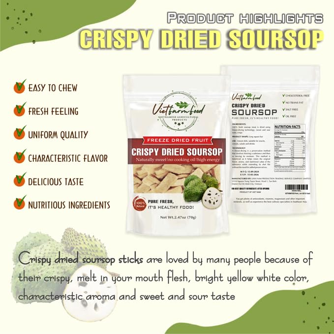 CRISPY DRIED SOURSOP 2.47oz (70g) VIETFARMFOOD: Freeze-dried, No Sugar Added, Naturally Sweet, Rich in natural nutrients, making it a great snack option, Suitable For Snacking Or As A Gift