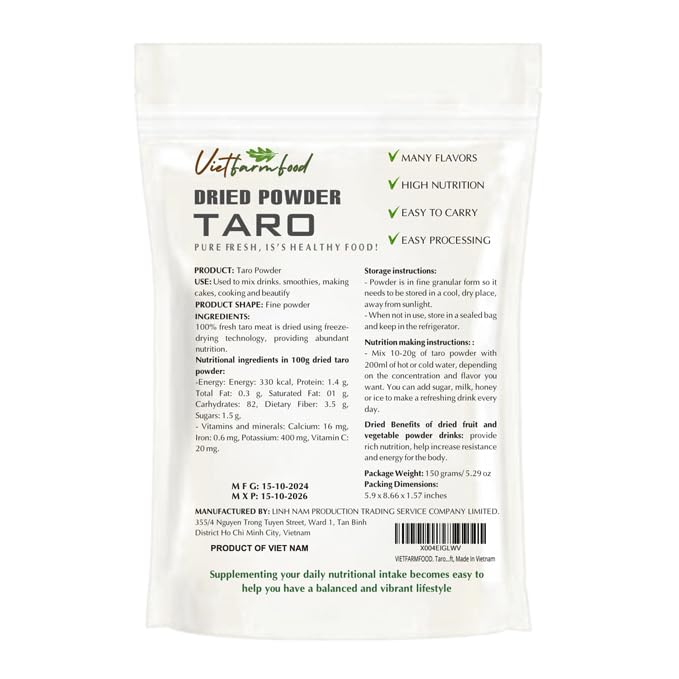 TARO POWDER 5.29 oz (150g) VIETFARMFOOD: Pure freeze-dried vegetable powder, made from real vegetables with no added sugar - Perfect for daily nutrition to keep your body full of vitality