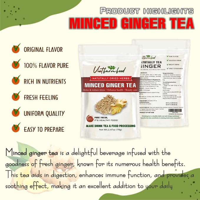 MINCED GINGER TEA 2.47 Oz (70g) VIETFARMFOOD:Natural pure dried herbs are used for making drinks and cooking ingredients. Drinking tea is a healthy habit that makes meals delicious and relaxing