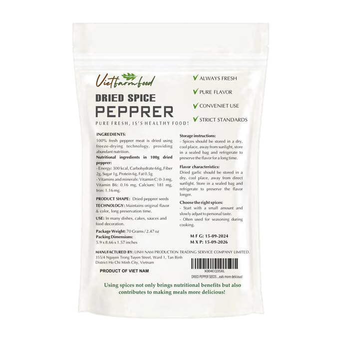 DRIED WHITE PEPPERCORNS 2.47 Oz (70g) VIETFARMFOOD: Pure, natural freeze-dried spice made from real vegetables and fruits - perfect for enhancing every meal, from cooking, baking, salad, soups, sauces
