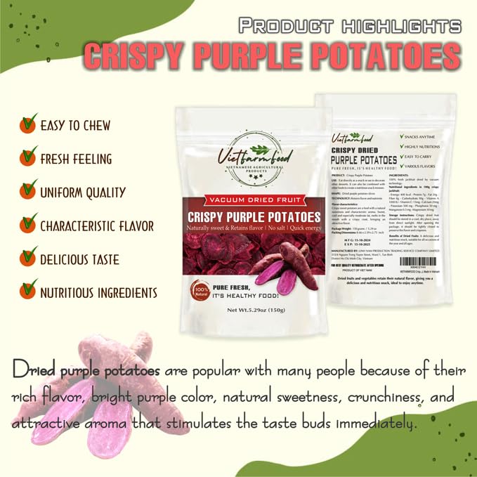 CRISPY DRIED PURPLE POTATOES 5.29 Oz (150g) VIETFARMFOOD: Vacuum-drying fruit, Instant Food Made From 100% Pure Fresh Fruit, Retains The Flavor, no Added Sugar, no Sulfur. Convenient Gift or Snack