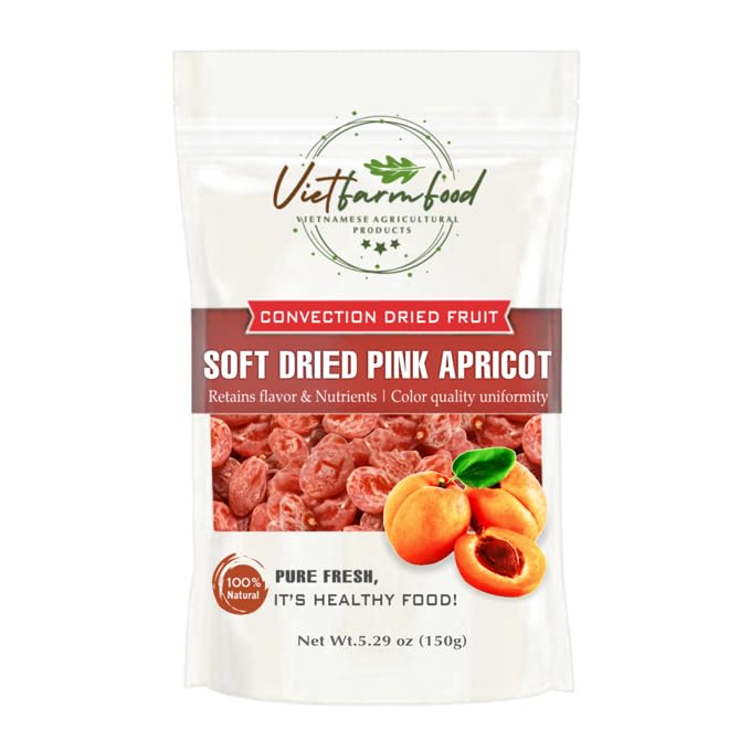 SOFT DRIED PINK APRICOT 5.29oz (150g) VIETFARMFOOD: Convection dried fruit with a little sugar, salt, natural sweetness, soft when chewed. Suitable for snack, topping, healthy desserts for all ages