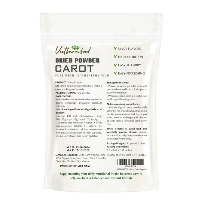 CARROT POWDER 5.29 oz (150g) VIETFARMFOOD: Pure freeze-dried vegetable powder, made from real vegetables with no added sugar - Perfect for daily nutrition to keep your body full of vitality