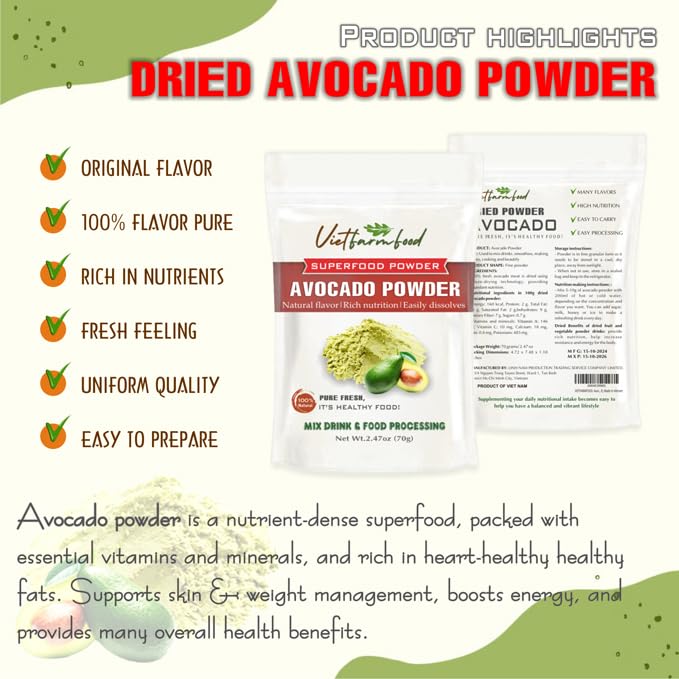 AVOCADO POWDER 2.47 oz (70g) VIETFARMFOOD: Pure freeze-dried fruit powder, made from real fruit with no added sugar - Perfect for daily nutrition to keep your body full of vitality.