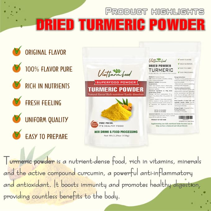 TURMERIC STARCH 2.47 oz (70g) VIETFARMFOOD: Pure freeze-dried vegetable powder, made from real vegetables with no added sugar - Perfect for daily nutrition to keep your body full of vitality