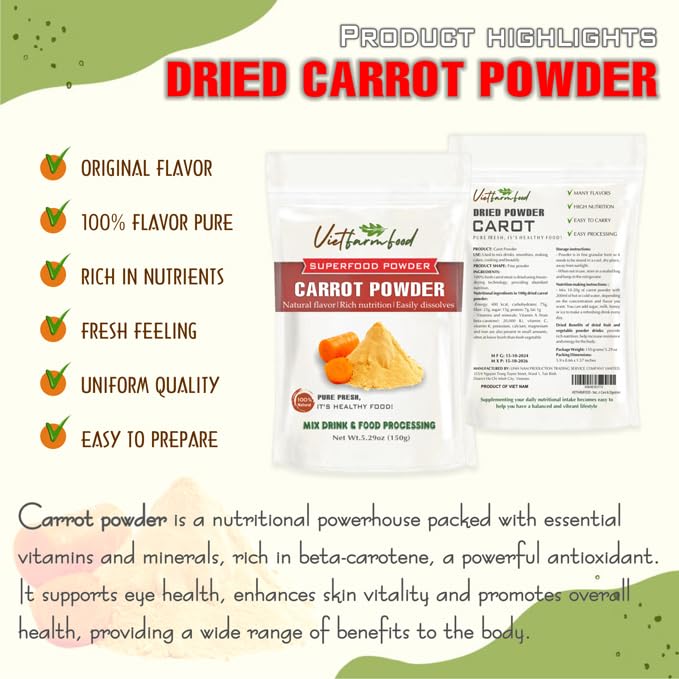 CARROT POWDER 5.29 oz (150g) VIETFARMFOOD: Pure freeze-dried vegetable powder, made from real vegetables with no added sugar - Perfect for daily nutrition to keep your body full of vitality