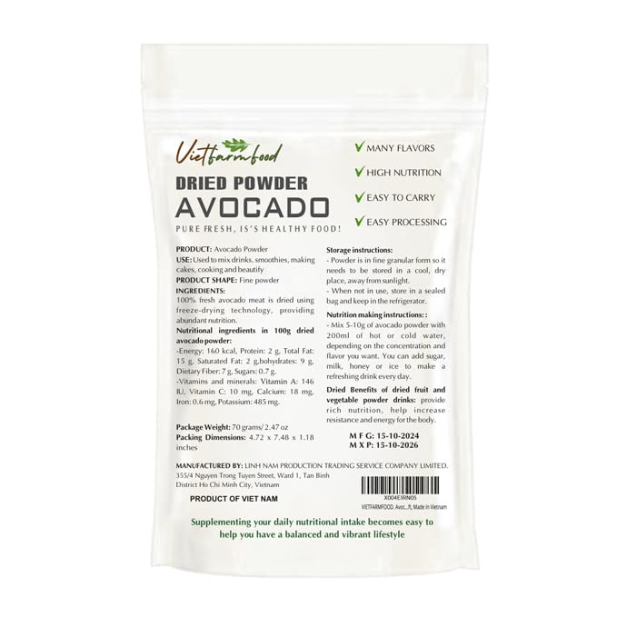 AVOCADO POWDER 2.47 oz (70g) VIETFARMFOOD: Pure freeze-dried fruit powder, made from real fruit with no added sugar - Perfect for daily nutrition to keep your body full of vitality.