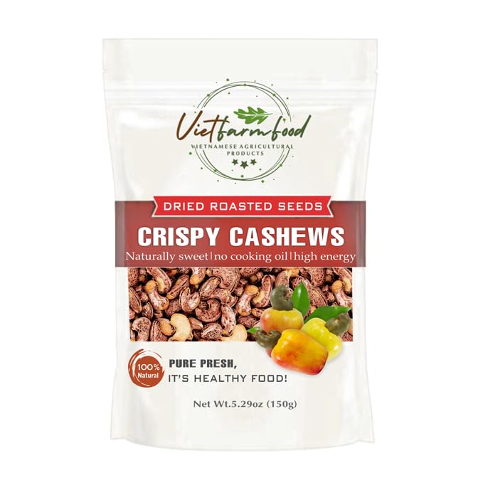 ROASTED CASHEW NUTS 5.29oz (150g) VIETFARMFOOD: Naturally dry roasted. No sugar, no oil, natural sweetness, characteristic fatty taste, crispy. Suitable as a topping, delicious, nutritious snack.