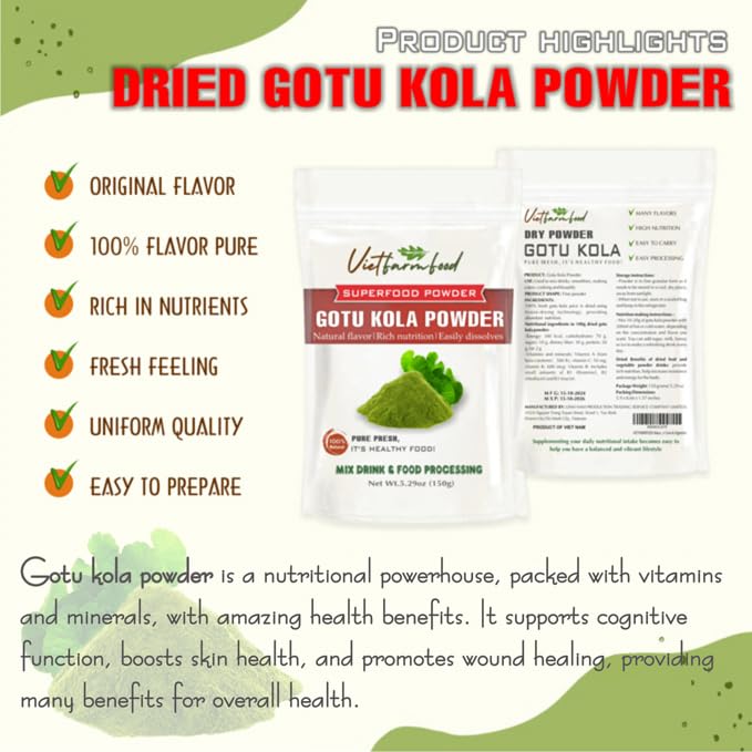 GOTU KOLA POWDER 5.29 oz (150g) VIETFARMFOOD: Pure freeze-dried vegetable powder, made from real vegetables with no added sugar - Perfect for daily nutrition to keep your body full of vitality