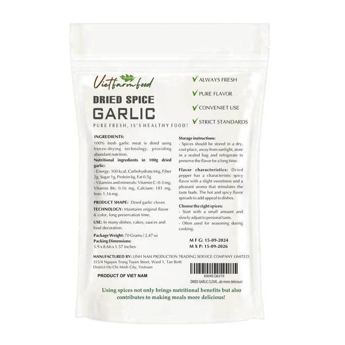 DRIED GARLIC CLOVES 2.47 Oz (70g) VIETFARMFOOD: Freeze-dried spice extract from 100% pure, Convenient Packaging. Long-term Preservation. Used for Processing Cooking, Salad Mixing, Soup, Sauces...
